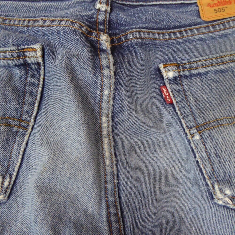 Levis 505 Jeans Mens 33x30 Blue Solid Denim Straight Distressed Workwear Adult - Picture 10 of 16